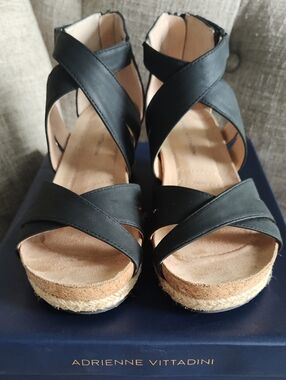 Adrienne Vittadini Black Crisscross Espadrille Zip Up Adjustable Wedges